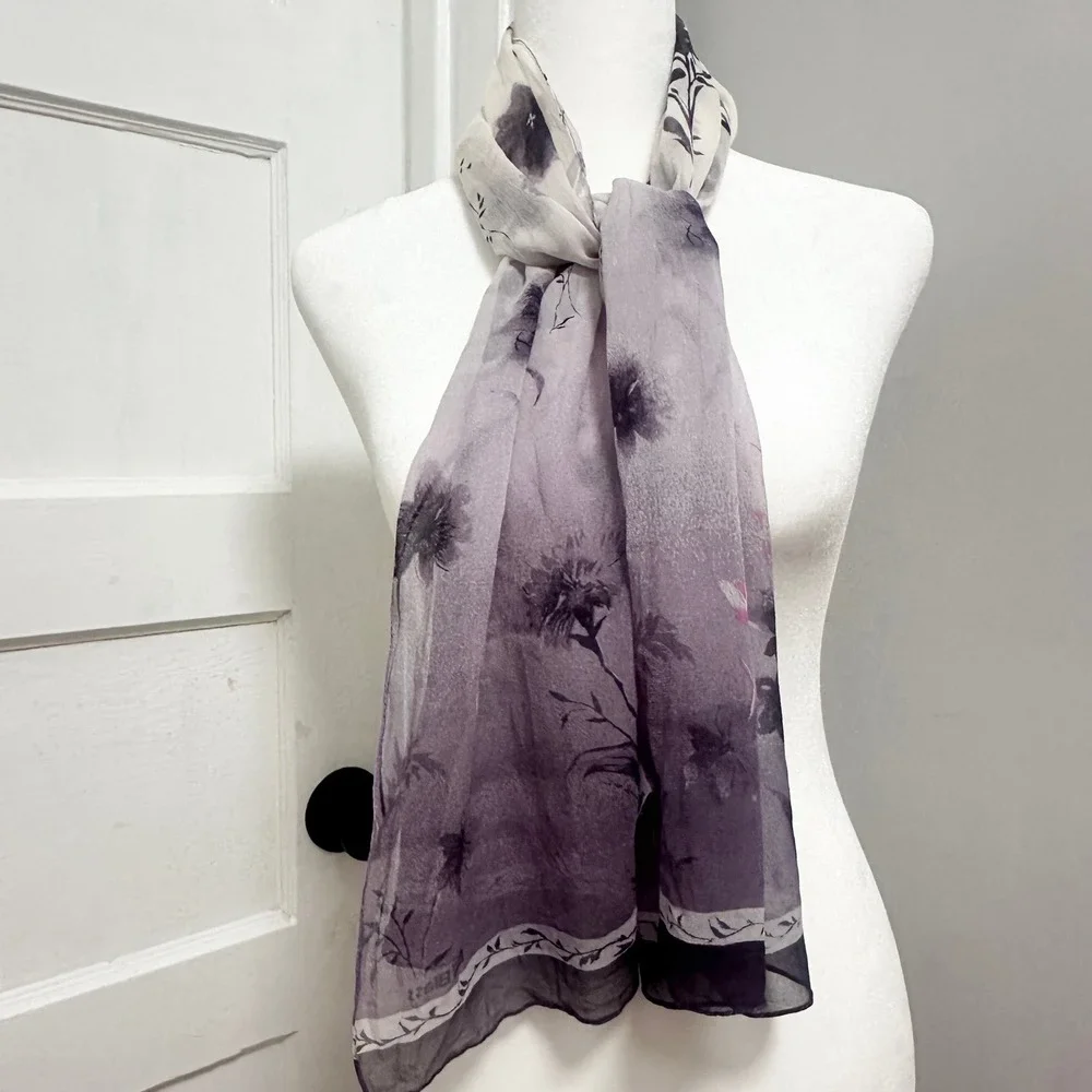 Bill Blass Purple Floral 100% Silk Scarf Wrap Botanical Print Vintage 52 x 13